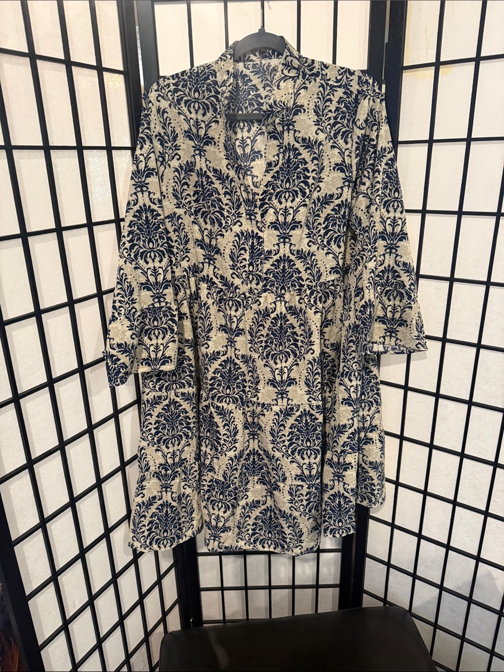 SHEIN Navy Damask Print Long Sleeve A-line Dress